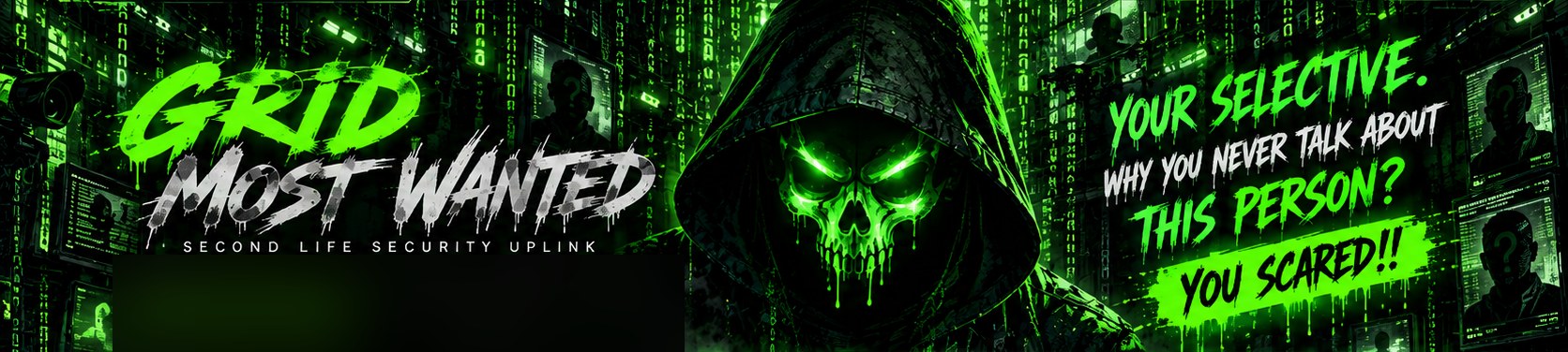 Original Matrix-style neon green alley with a hooded skull and Grid Most Wanted lettering